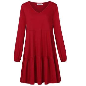 Women Long Sleeve Tiered Ruffle Dresses V-Neck Loose Tunic Pleated Dress with Pockets