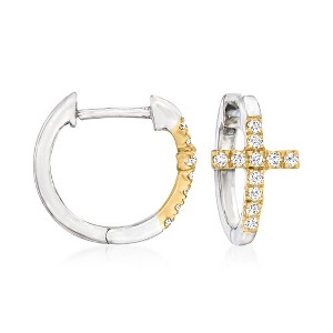 Ross-Simons 0.15 ct. t.w. Diamond Cross Huggie Hoop Earrings in Sterling Silver and 14kt Yellow Gold - 1 of 3