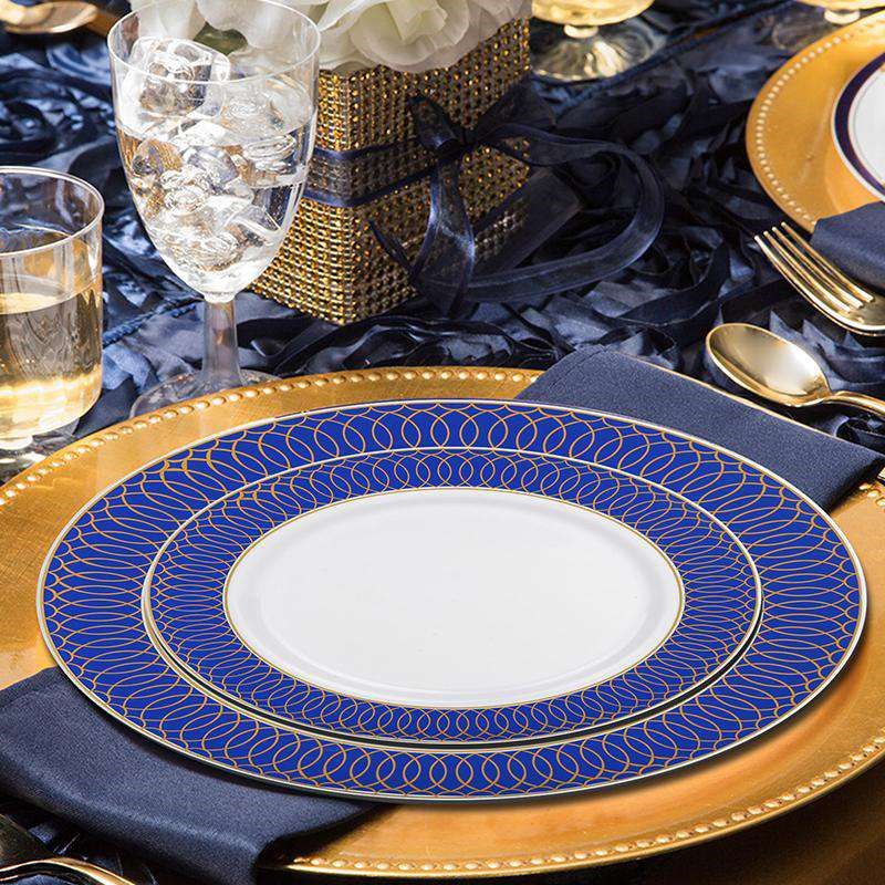 Smarty Had A Party 10.25" White with Gold Spiral on Blue Rim Plastic Dinner Plates (120 plates), 3 of 5
