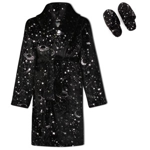 Sleep On It Boys Outer Space Plush Fleece Shawl Collar Robe with Matching Slippers - Black, Size: M 8/10 - 1 of 4