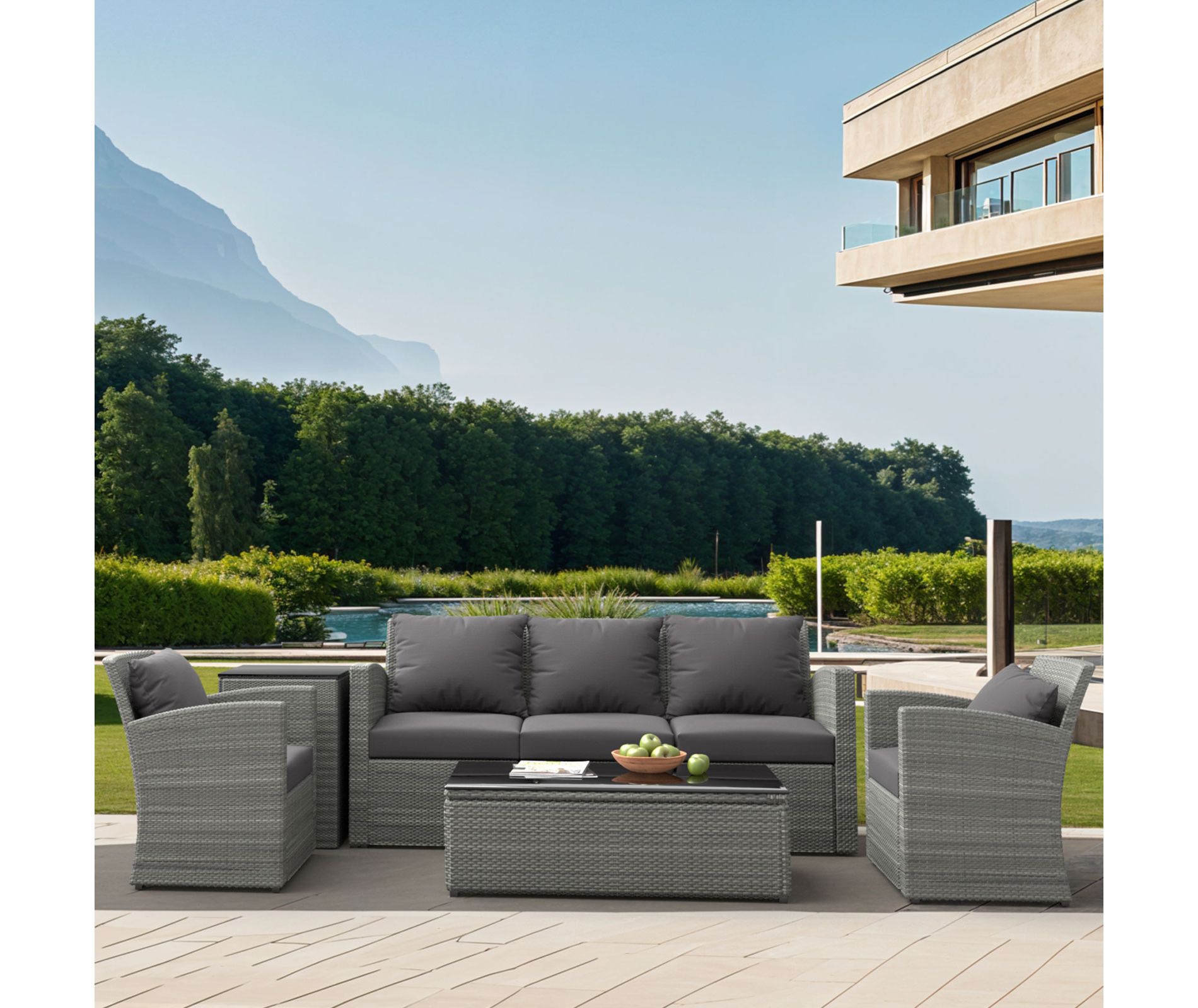 ELJGET Patio Furniture Set, 5 PCS Wicker Outdoor Conversation Set with 2 Coffee Tables for Backyard, Poolside, Garden, Gray Cushions