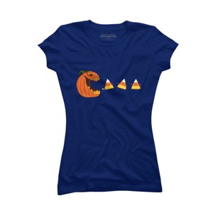 Junior's Design By Humans Halloween Gamer Pumpkin Eating Candy Corn By rawresh6 T-Shirt - 1 of 3