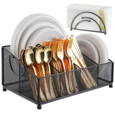 LunaLulinlk Paper Plate Dispenser with Silverware Caddy, Disposable Plate Cutlery Utensil Caddy for Countertop, Black