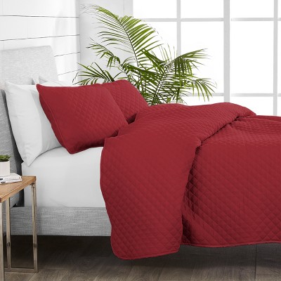Red Twin Diamond Stitched Microfiber Quilt Set