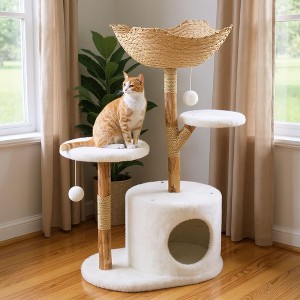 Cat Tree, Cat Tower - Real Wood Modern with Scratching Post, Bed, Natural Wicker Condo, Boho Luxury Pet Furniture - 1 of 4
