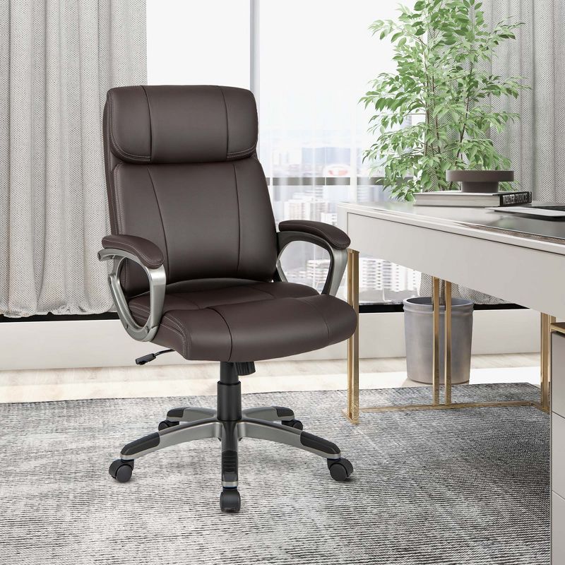 Costway Ergonomic Office Chair PU Leather Executive Swivel with Upholstered Armrests Brown, 2 of 9