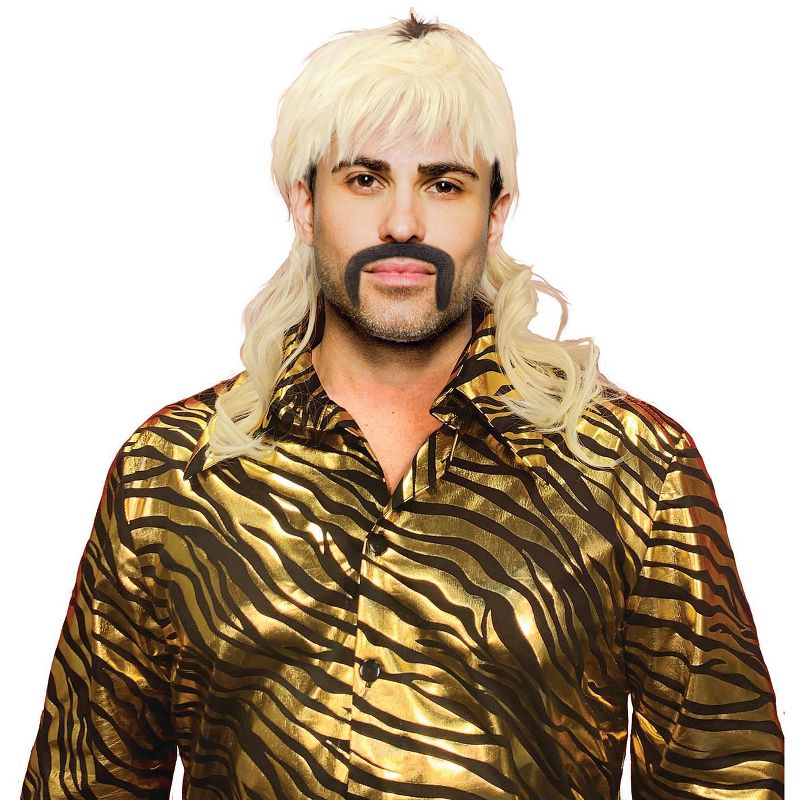 Seeing Red King of Tigers Cosplay Wig | Blonde Mullet Wig and False Mustache Costume Set, 1 of 3