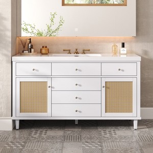 Christopher Knight Home Emilie 60" Modern Bathroom Vanity with SMC Sink, 5 Drawers and 2 Rattan Doors - 1 of 4