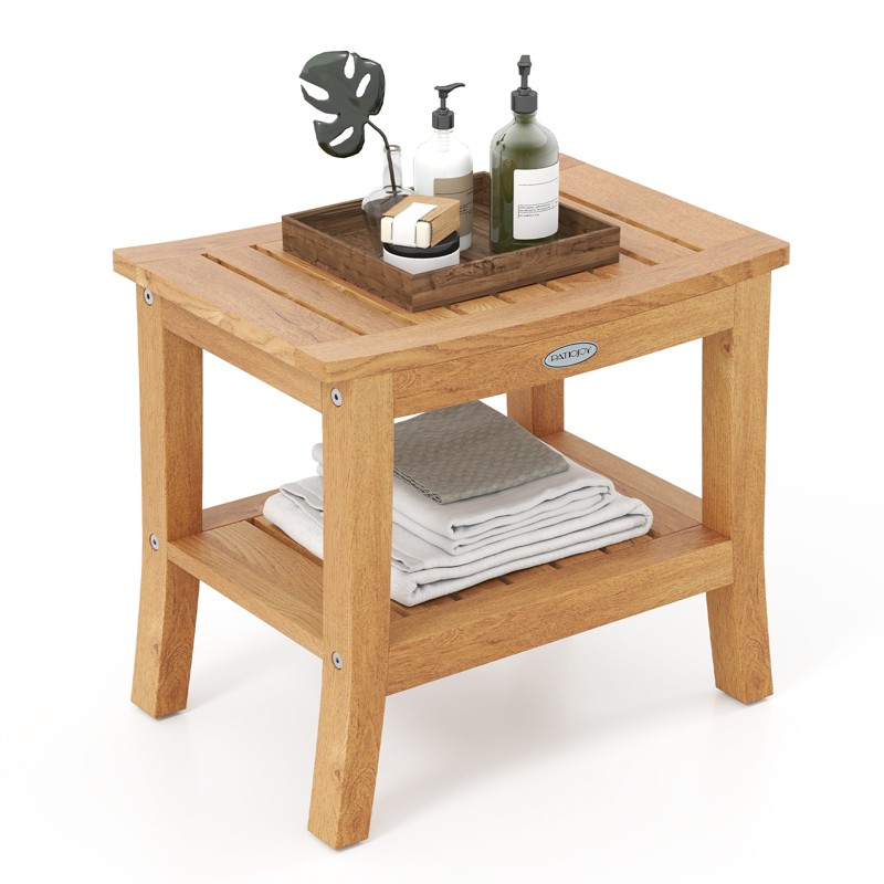 Costway 20" Non-slip Teak Shower Bench with Storage Shelf