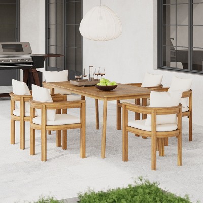 7 Piece Acacia Wood Outdoor Patio Dining Set,67'' Wood Dining Table and 6 Dining Chairs Set,6 Seater Garden Dining Set with Cushions-Coolbibila