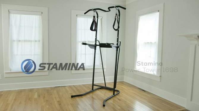 Stamina Products 1698 Freestanding Adjustable Full Body Steel Power Tower with Padded Loops, Hand Grips, and Push Up Station, Black, 2 of 8, play video