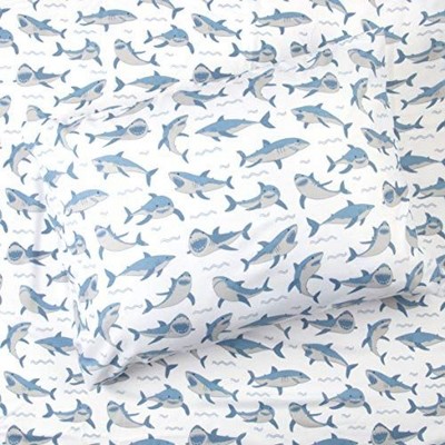 Tadpoles 3-Piece Blue Shark Sheet Set | 1 Twin Flat Sheet, 1 Twin Fitted Sheet & 1 Queen Pillowcase