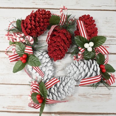 Red and White Glitter Pinecone Ornaments with Holly Leaves - Set of 10