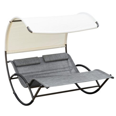 Outsunny Outdoor Double Chaise Rocking Chair Day Bed Sun Lounger with Canopy Shade Headrest Pillow Armrests for Garden Poolside Light Gray