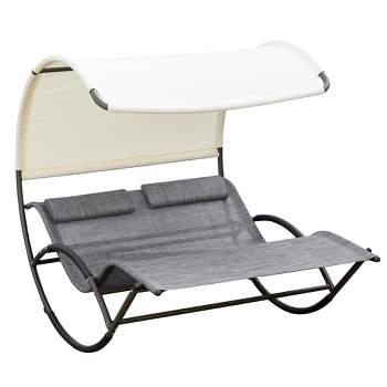 Outsunny Outdoor Double Chaise Rocking Chair, Day Bed Sun Lounger with Canopy Shade, Headrest Pillow, Armrests for Garden, Poolside, Light Gray