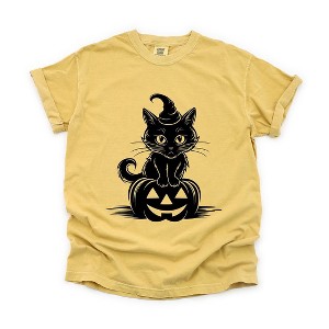 Simply Sage Market Women's Cat Perched On A Pumpkin Short Sleeve Garment Dyed Tee - 1 of 4