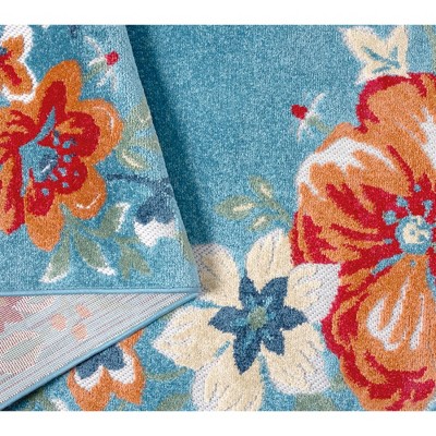 Hibiscus Bloom Light Blue Red Floral Indoor Outdoor Rug