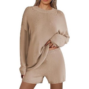 Ekouaer Pajamas Womens 2 Piece Lounge Set Cozy Knit Long Sleeve Sweater Shorts Set Oversized Matching Outfits - 1 of 4