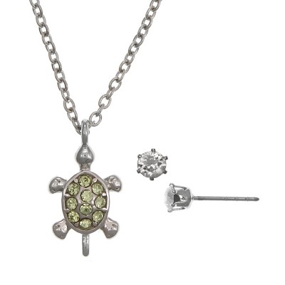 FAO Schwarz Fine Silver Plated Turtle Pendant Necklace and Earring Set