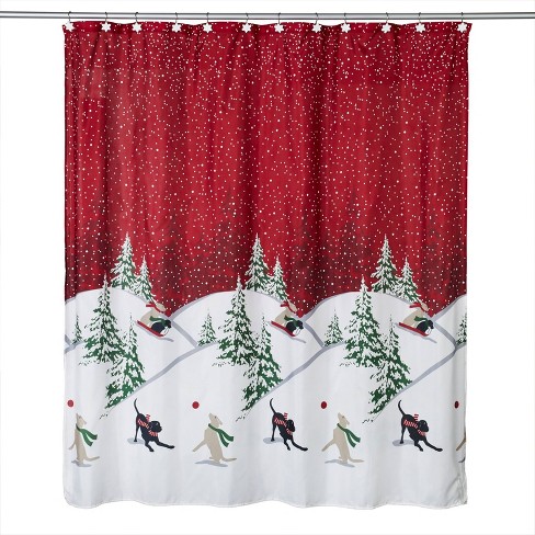 Winter Dogs Shower Curtain And Hook Set, Holiday Shower Curtain Hooks