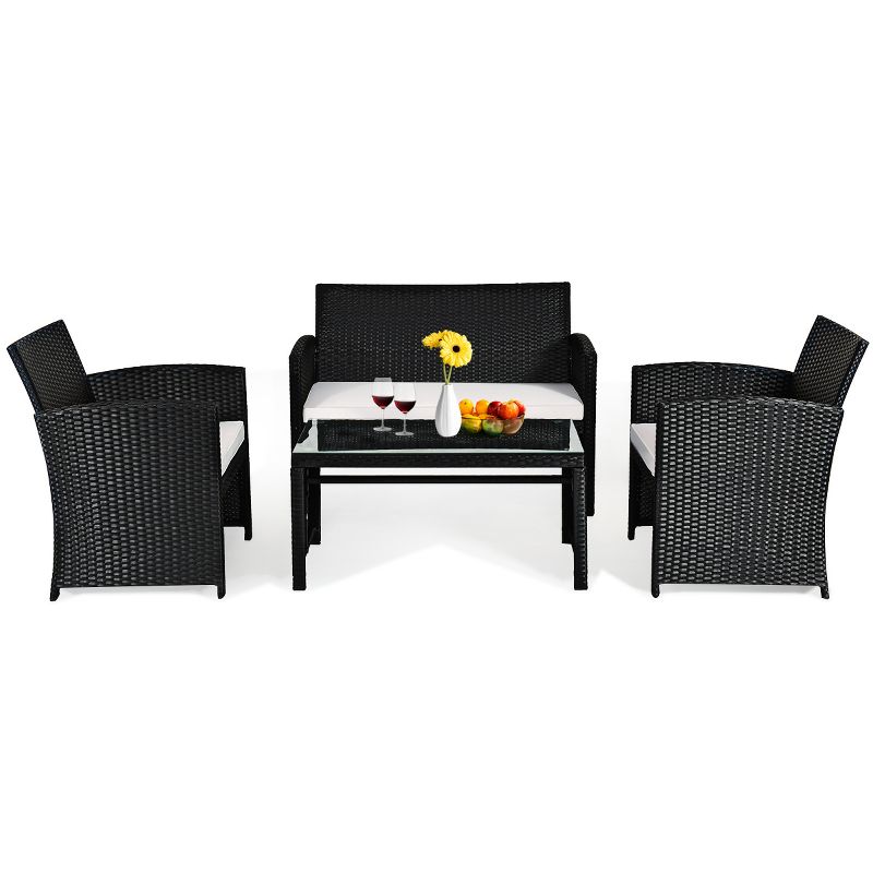 Costway 4PCS Patio Rattan Furniture Set Table &Sofa W/Cushion Garden Black, 2 of 10
