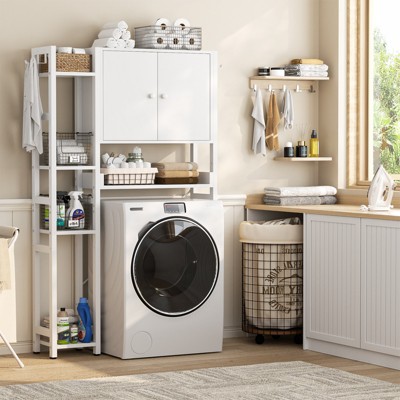 Aheaplus 7-Tier Bathroom Organizer Cabinet with Doors and 4 Hooks, Over The Toilet Storage Cabinet with Adjustable Shelf