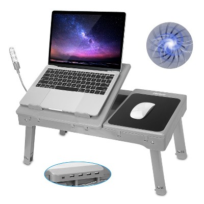 iMountek"Foldable Laptop Table with Cooling Fan, Mouse Board, LED Light, USB Ports & Storage for Home Use"BlueGreyWhite