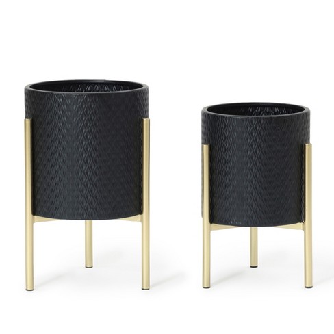 LuxenHome 2-Piece Diamond Pattern Round Metal Cachepot Planter Set, Black with Gold Stands - image 1 of 4