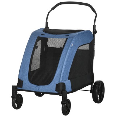 Blue Foldable Pet Stroller with Storage Basket for Medium Dogs