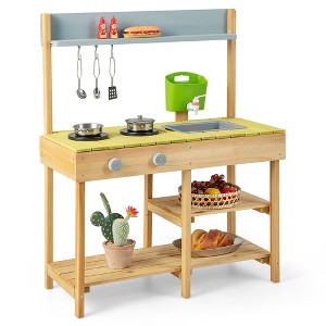 Costway Outdoor Mud Kitchen Set Fir Wood Kids Play Set with Removable Water Box - 1 of 4