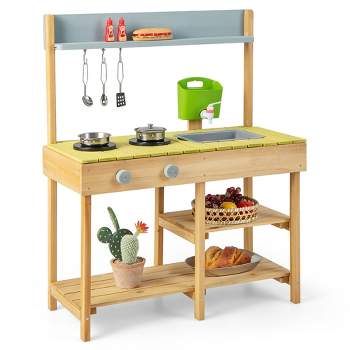 Costway Outdoor Mud Kitchen Set Fir Wood Kids Play Set with Removable Water Box