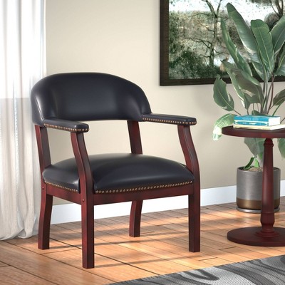 Elegant Mahogany Wood & Black Faux Leather Upholstered Arm Chair