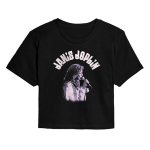 洋楽 Janis Joplin logo cap black Women's Janis Joplin Janis Joplin Singing Cropped Graphic T-Shirt