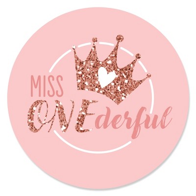 Big Dot of Happiness 1st Birthday Little Miss Onederful - Girl First Birthday Party Circle Sticker Labels - 24 Count