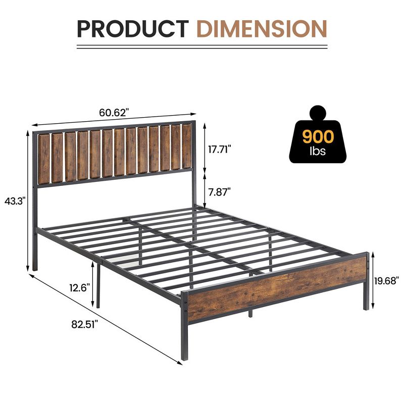 Full Size Bed Frame with Wood Headboard,Metal Bed Frame with 14 Heavy Duty Steel Slats,No Box Spring Needed,Noise-Free,Retro Brown, 2 of 9