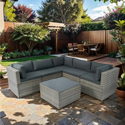 6-Piece Outdoor Seating Set, Conversation Set with Glass Top Table, L-Shape PE Rattan Sofa with Iron Frame and Foam Cushions-Coolbibila