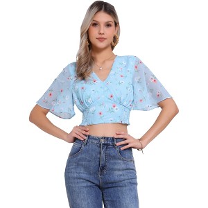 INSPIRE CHIC Women's Floral Flare Short Sleeve V Neck Summer Smocked Crop Tops - 1 of 4