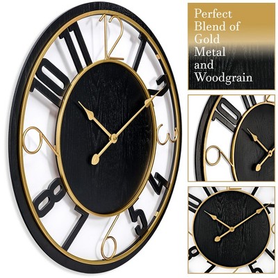 Sorbus 24" Black and Gold Wooden Wall Clock with Roman Numerals