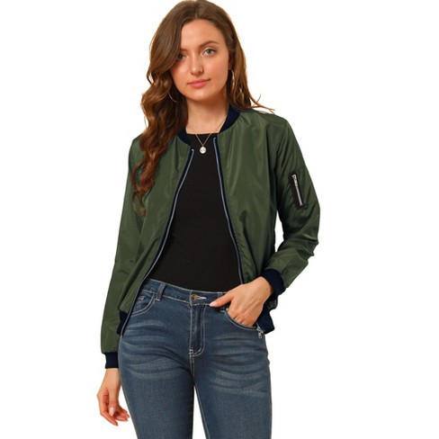 Allegra K Women's Casual Lightweight Zip-Up Bomber Jacket with Pockets Dark  Green Large