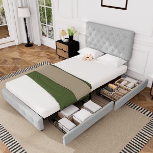 HYLEORY Queen Storage Bed Frame with 4 Drawers & Headboard, Upholstered Platform Bed Frame - 1 of 4