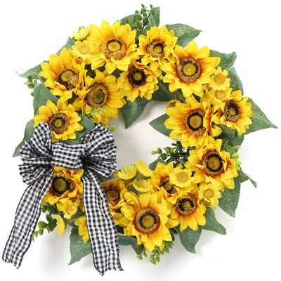 18 Inch Artificial Sunflower Wreath for Front Door, Spring Summer Wreath with Burlap Bow Sunflowers Eucalyptus Leaves for Indoor Outdoor Decor
