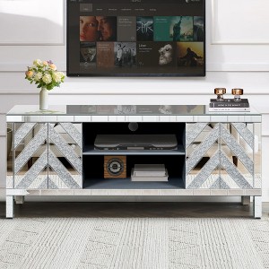 60" Mirrored TV Stand for 65+ Inch TV, Media Console Table with Open Storage and 2 Cabinets, Diamond Pattern Mirror Doors for Living Room - 1 of 4