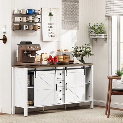 HOMCOM 59 Inch Farmhouse Sideboard Buffet Cabinet with Thick Top, Coffee Bar Cabinet with Sliding Barn Doors, Drawers, Adjustable Shelves, White