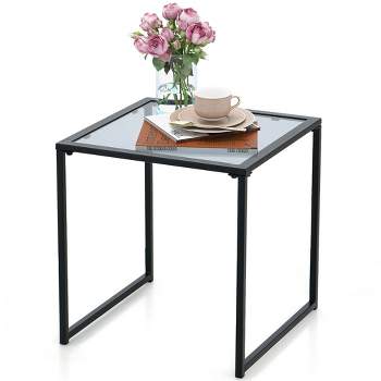 Costway Patio Side Table Outdoor 17'' Tempered Glass End Coffee Table for Porch Garden