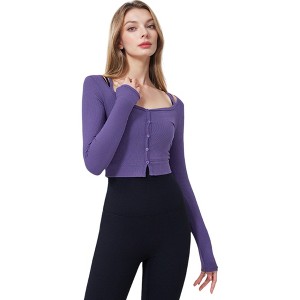 Anna-Kaci Active Women's Button-Up Long Sleeve Crop Top with Scoop Neck and Thumbhole Cuffs - 1 of 4