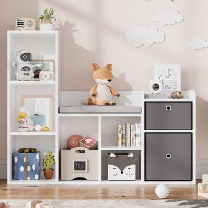 Toy Storage Organizer with Reading Nook, 44.1" Wide Kids Bookshelf, 6-Cubby Bookcase Bench w/ Seat Cushion & 2 Drawers for Nursery, Playroom, Bedroom - 1 of 4