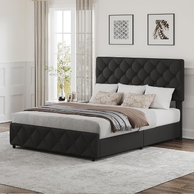 Homhougo Full Size Bed Frame with 4 Storage Drawers, Upholstered Platform Bed Frame with Adjustable Headboard, Diamond Stitched Button Tufted, Grey