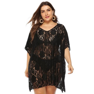 Coolmee Women Summer Plus Size Sexy Crochet Sheer Floral Beach Dress Bathing Suit Swim Coverup Mini Dress