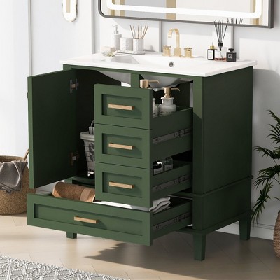 Phiestina 30" Green Modern Bathroom Vanity with Sink, 3 Drawers & Soft Close Door, Solid Wood Frame