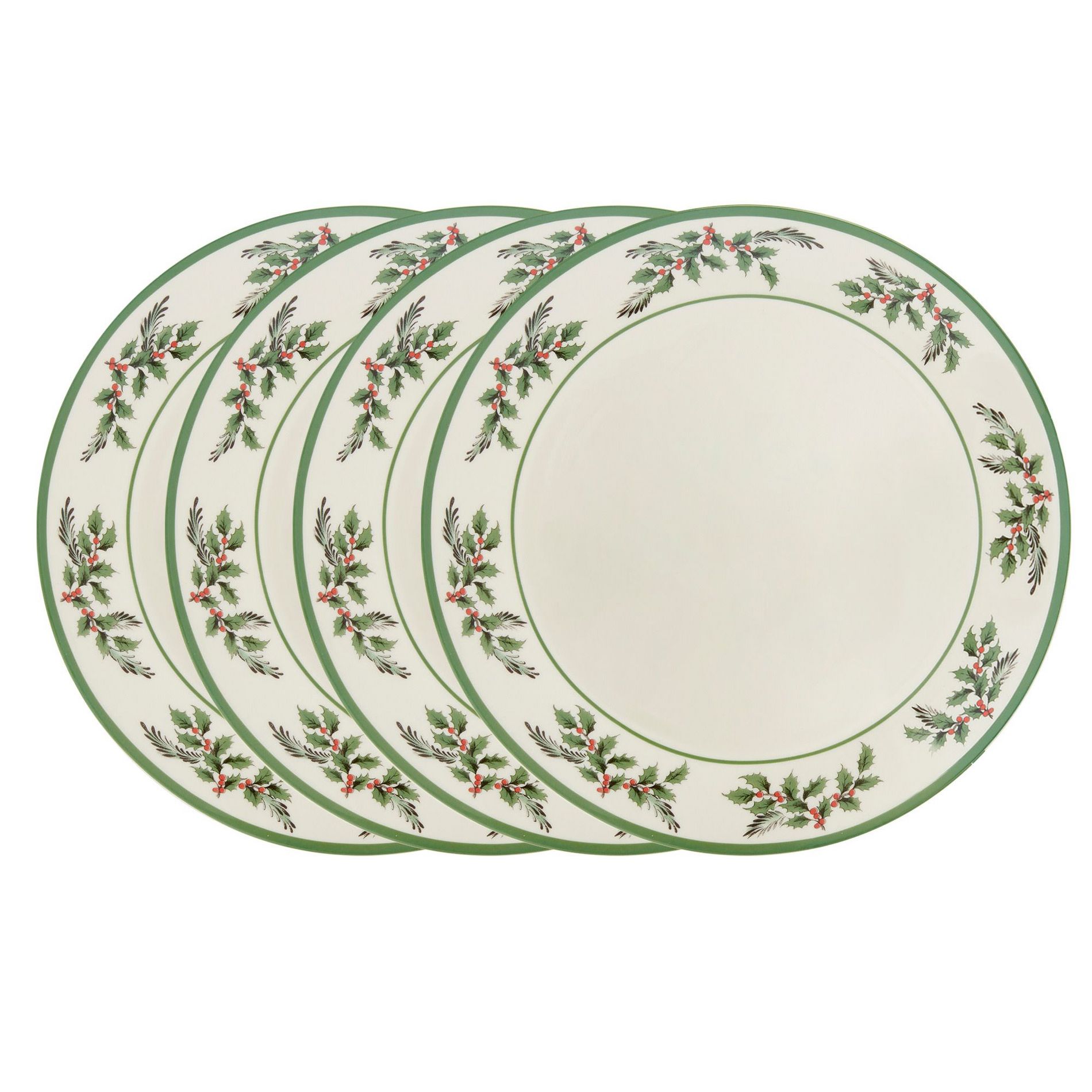 Spode Christmas Tree Holly Dinner Plates, Set of 4 - 10 Inch Stoneware with White Center & Holly Accents - Microwave, Dishwasher & Freezer Safe